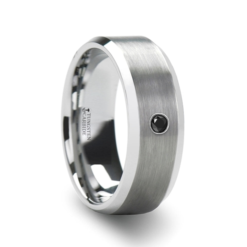 Mens Tungsten Black Diamond Polished Beveled Edges Wedding Ring - Brushed Comfort Fit - 6mm 8mm Wide - Style name: LYSANDRA