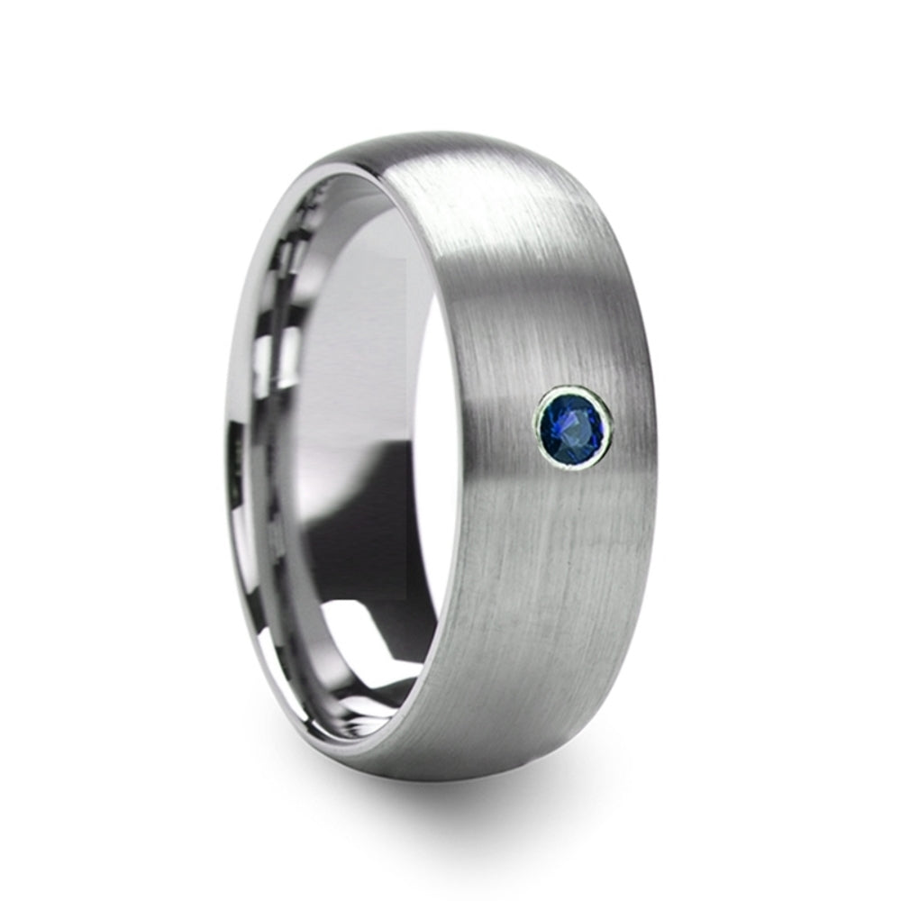 Mens Domed Tungsten Blue Diamond Center Wedding Ring - Brushed Comfort Fit - 6mm 8mm Wide - Style name: MELANTHIOS