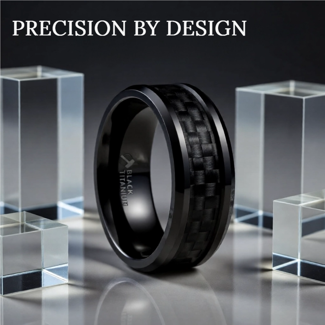 Mens Black Titanium Black Carbon Fiber Inlaid Wedding Ring - Polished Beveled Comfort Fit - 6mm 8mm Wide - Style name: OXYN
