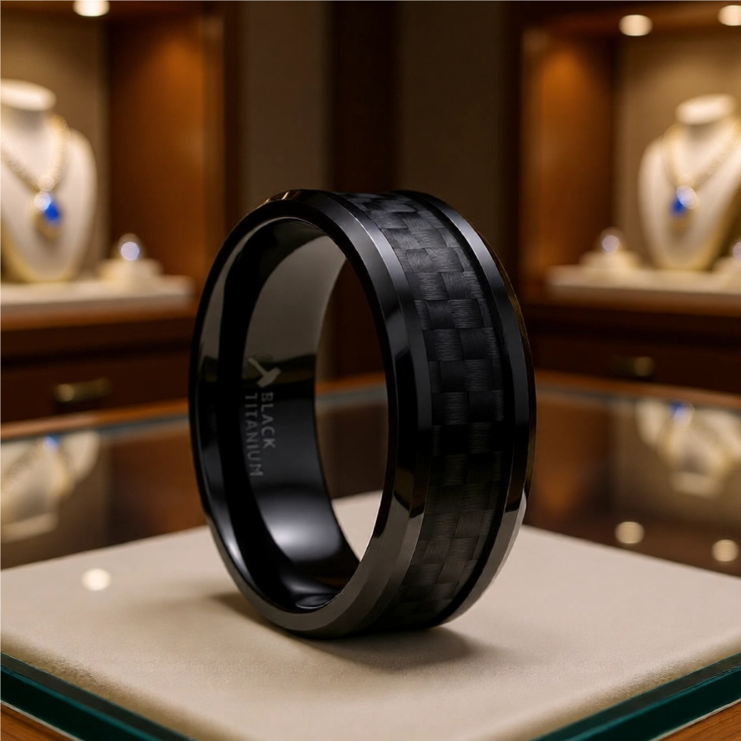 Mens Black Titanium Black Carbon Fiber Inlaid Wedding Ring - Polished Beveled Comfort Fit - 6mm 8mm Wide - Style name: OXYN