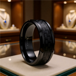 Load image into Gallery viewer, Mens Black Titanium Black Carbon Fiber Inlaid Wedding Ring - Polished Beveled Comfort Fit - 6mm 8mm Wide - Style name: OXYN
