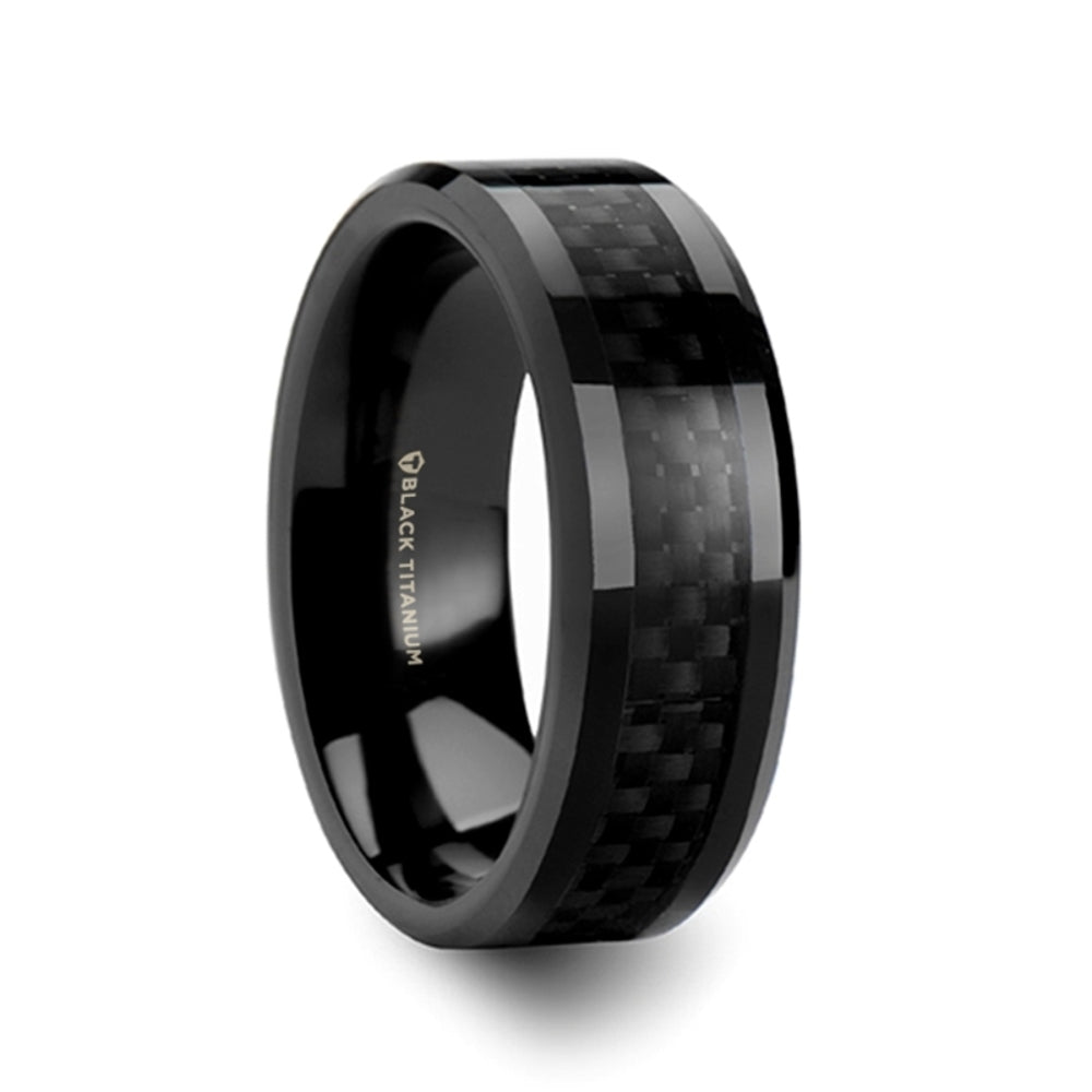 Mens Black Titanium Black Carbon Fiber Inlaid Wedding Ring - Polished Beveled Comfort Fit - 6mm 8mm Wide - Style name: OXYN