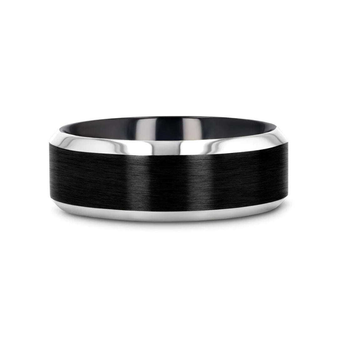Mens Titanium Brushed Black Center Wedding Ring - Polished Beveled Edges Comfort Fit - 6mm 8mm Wide - Style name: ATNOS - Ring Size 4