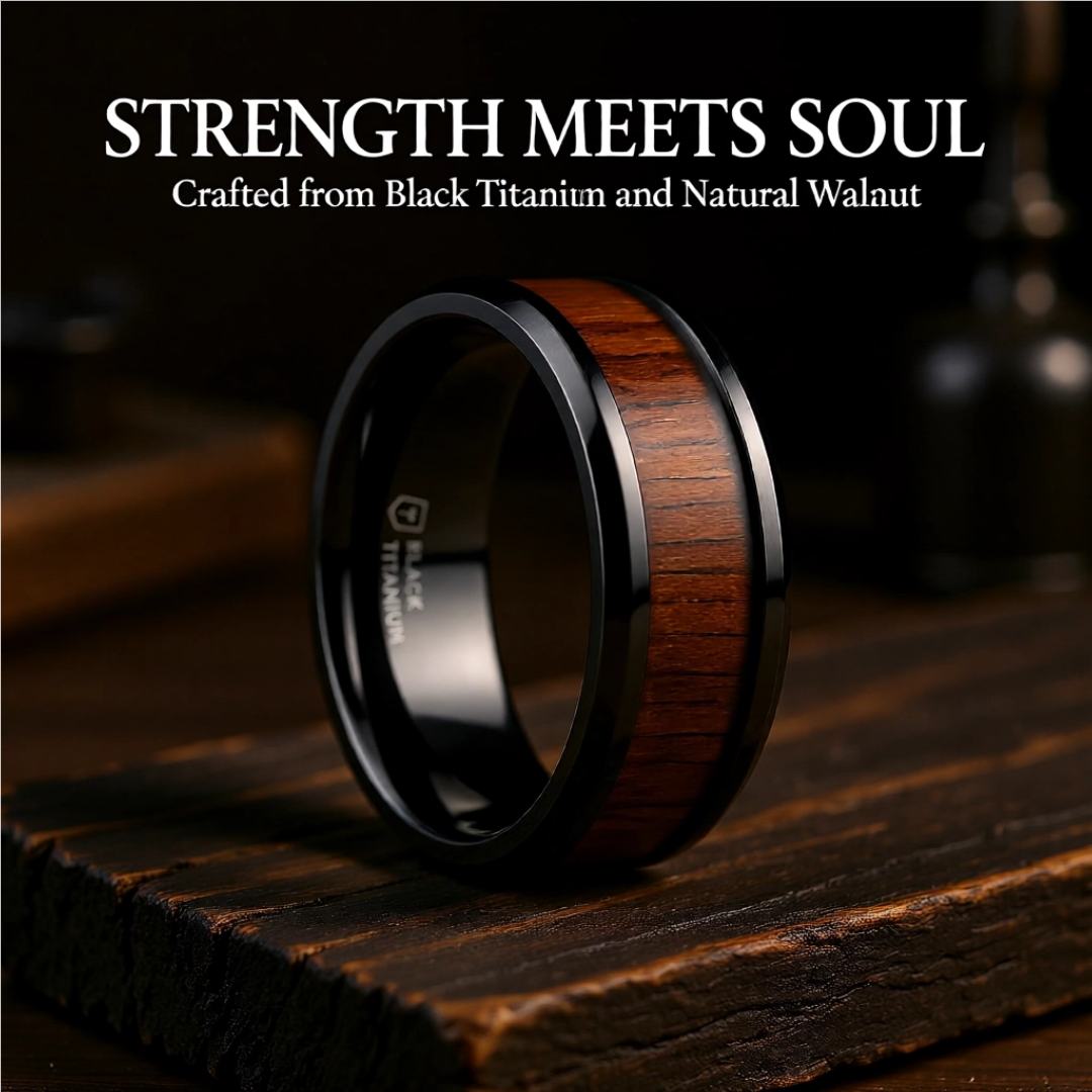 Mens Black Titanium Black Walnut Wood Inlaid Wedding Ring - Polished Beveled Edges Comfort Fit - 6mm 8mm Wide - Style name: KONY