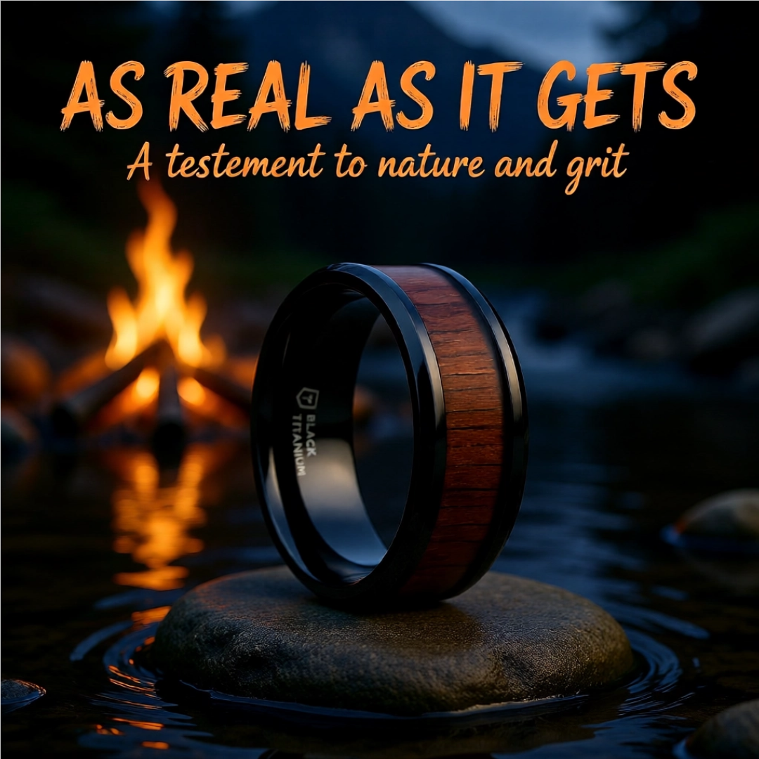 Mens Black Titanium Black Walnut Wood Inlaid Wedding Ring - Polished Beveled Edges Comfort Fit - 6mm 8mm Wide - Style name: KONY