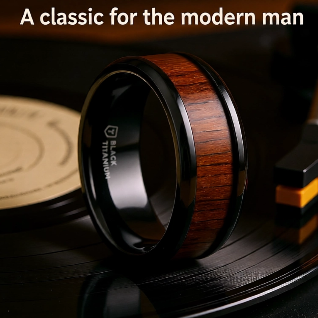 Mens Black Titanium Black Walnut Wood Inlaid Wedding Ring - Polished Beveled Edges Comfort Fit - 6mm 8mm Wide - Style name: KONY