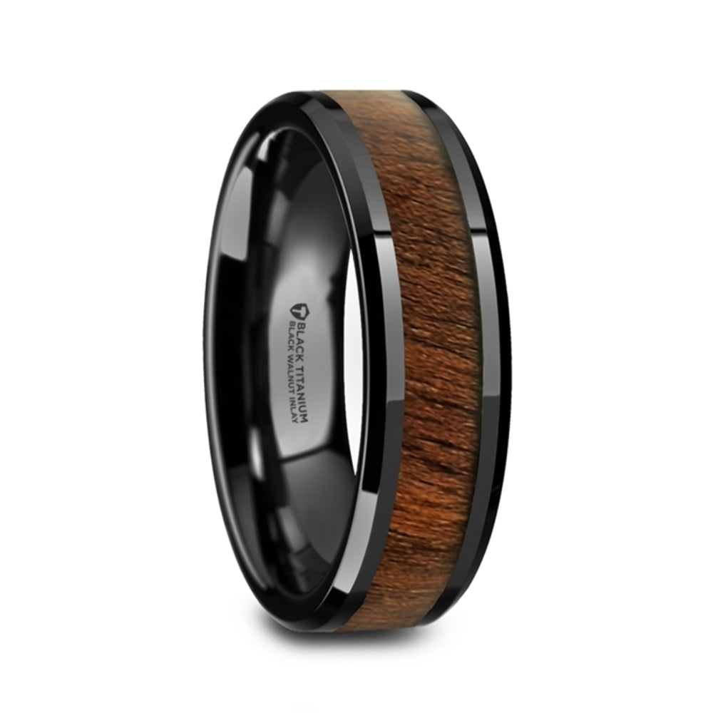 Mens Black Titanium Black Walnut Wood Inlaid Wedding Ring - Polished Beveled Edges Comfort Fit - 6mm 8mm Wide - Style name: KONY