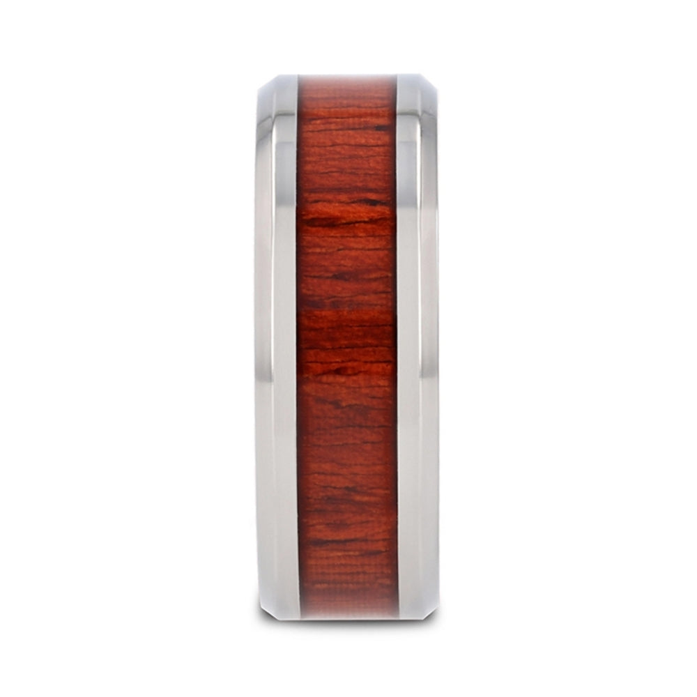Mens Titanium Padauk Wood Inlaid Wedding Ring - Polished Beveled Edges Comfort Fit - 6mm 8mm Wide - Style name: NORRO