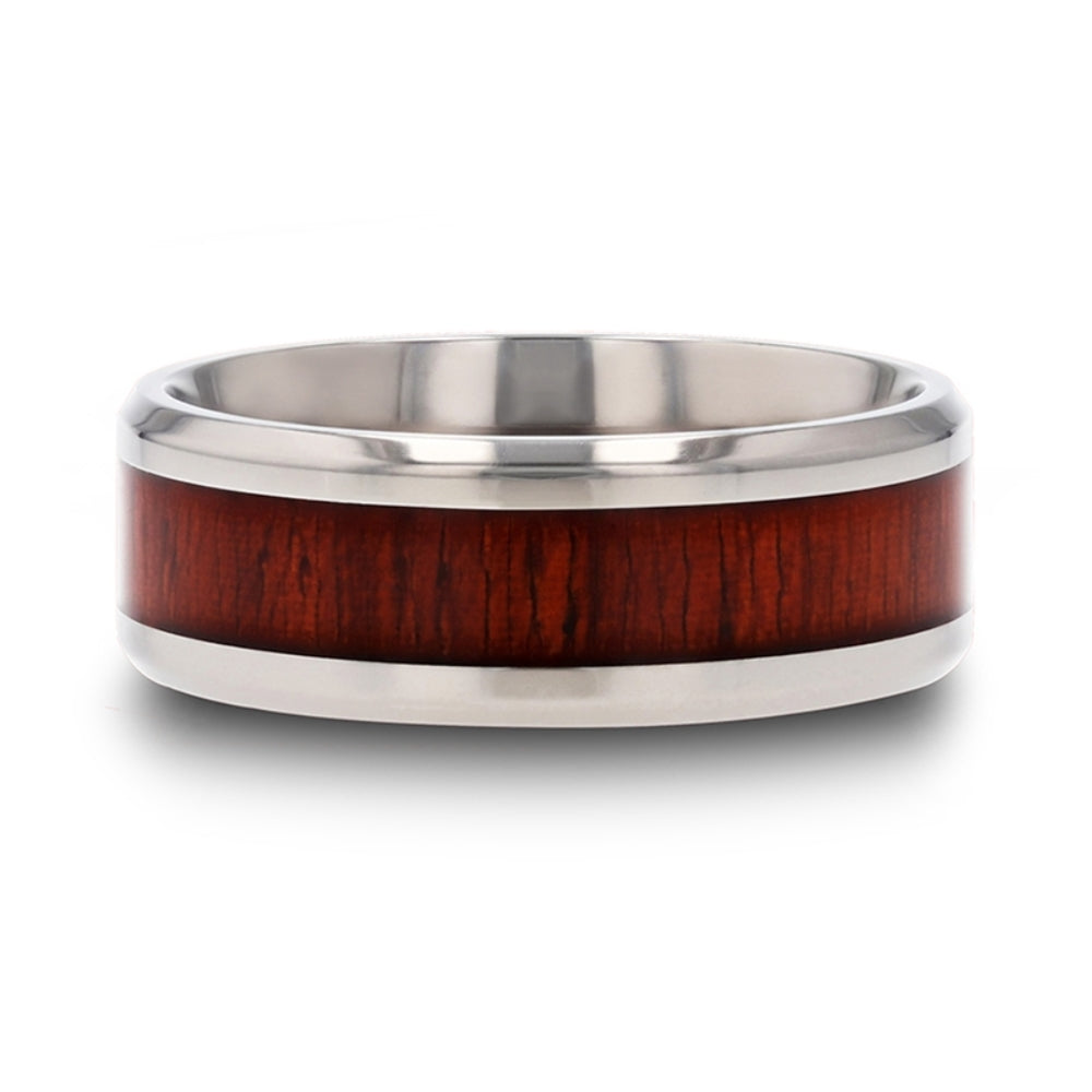 Mens Titanium Padauk Wood Inlaid Wedding Ring - Polished Beveled Edges Comfort Fit - 6mm 8mm Wide - Style name: NORRO