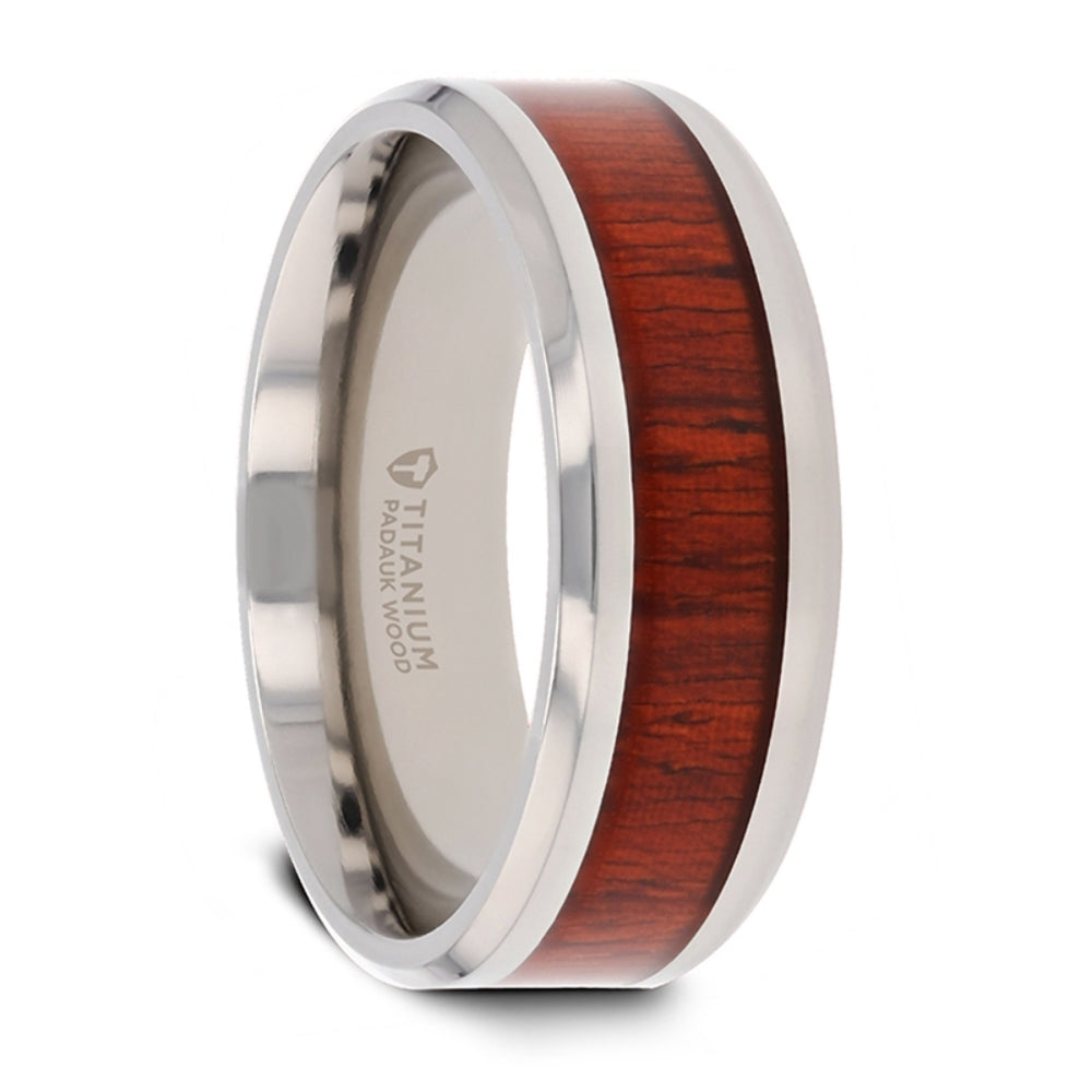 Mens Titanium Padauk Wood Inlaid Wedding Ring - Polished Beveled Edges Comfort Fit - 6mm 8mm Wide - Style name: NORRO
