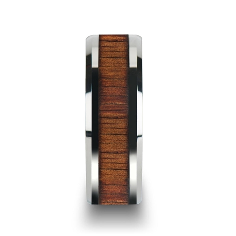 Mens Titanium Polished Finish Koa Wood Inlaid Wedding Ring - Beveled Edges Comfort Fit - 6mm 8mm Wide - Style name: KOAN