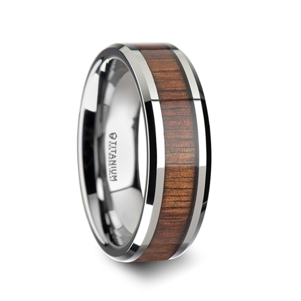 Mens Titanium Polished Finish Koa Wood Inlaid Wedding Ring - Beveled Edges Comfort Fit - 6mm 8mm Wide - Style name: KOAN