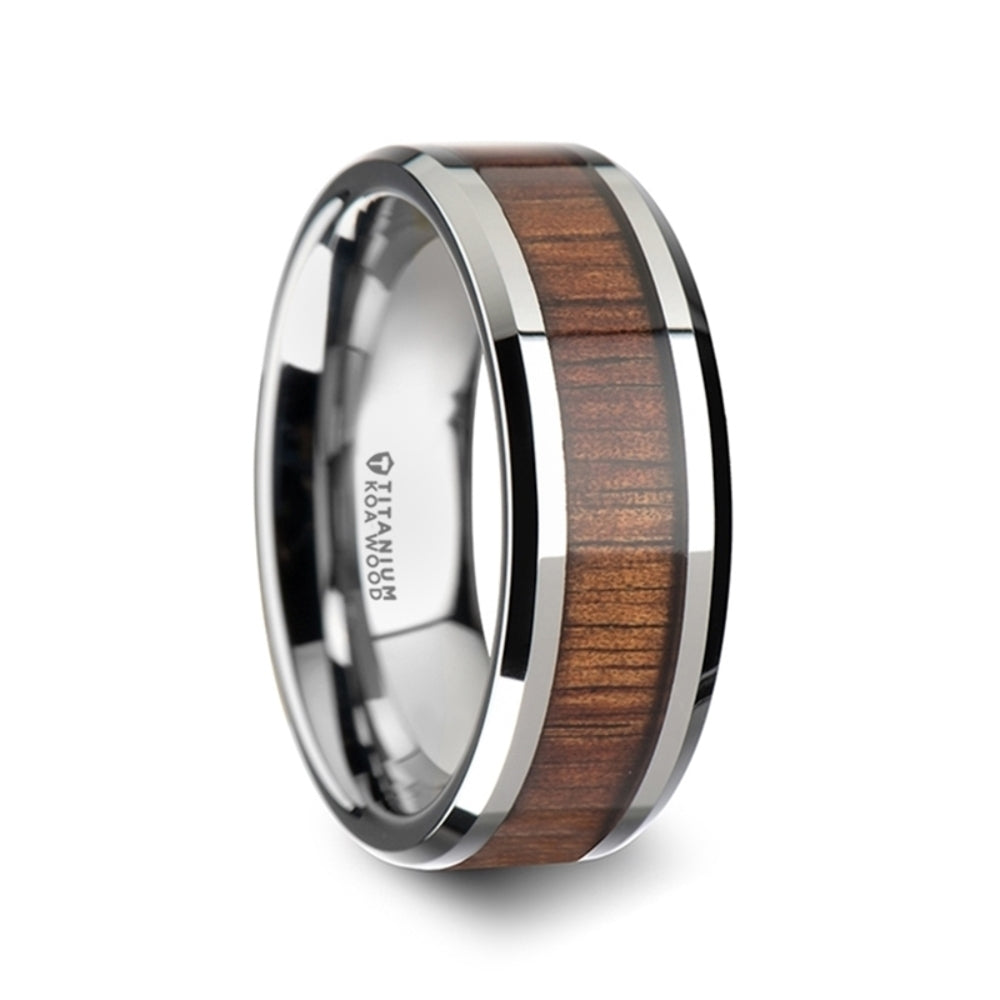 Mens Titanium Polished Finish Koa Wood Inlaid Wedding Ring - Beveled Edges Comfort Fit - 6mm 8mm Wide - Style name: KOAN