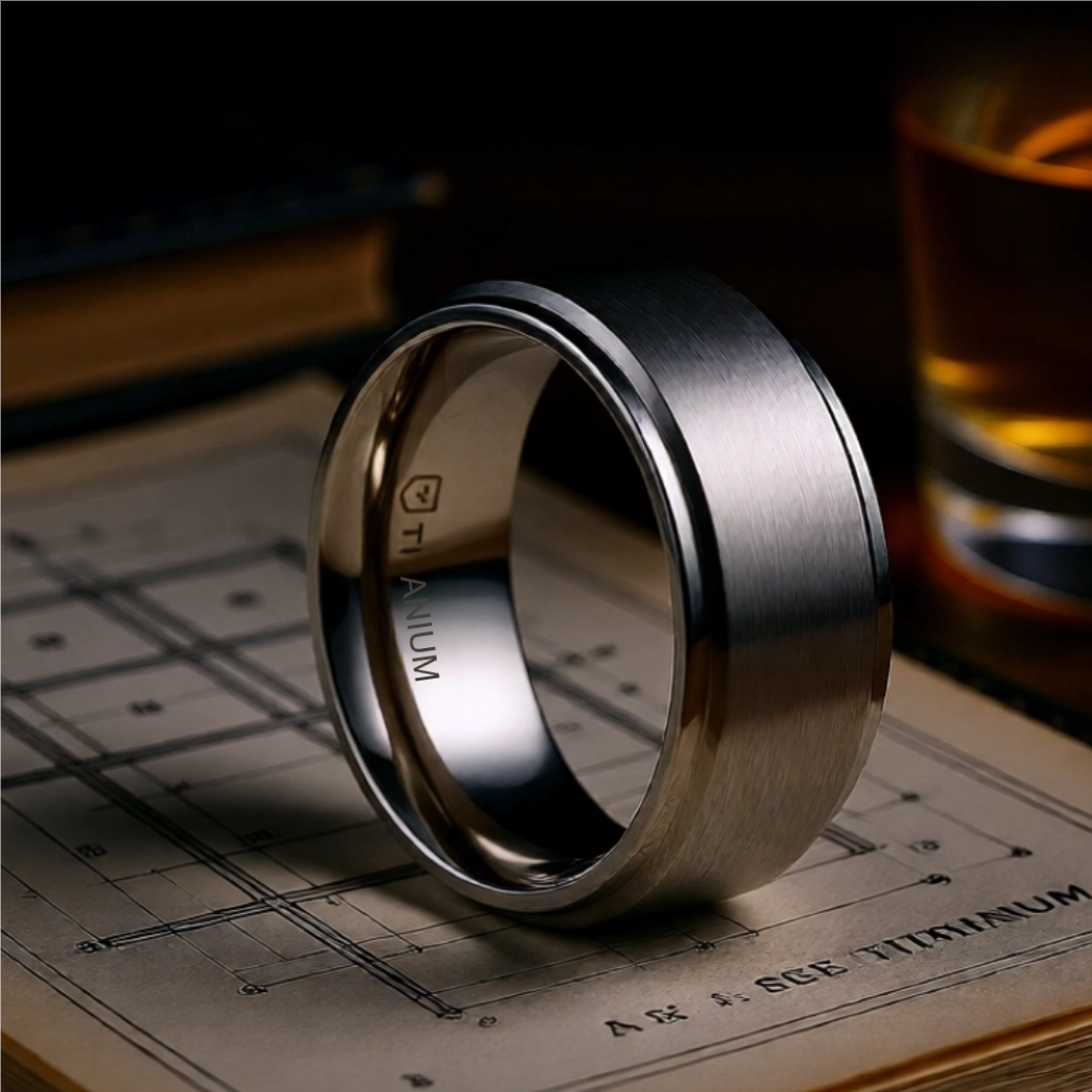 Mens Titanium Brushed Raised Center Wedding Ring - Polished Step Edges Comfort Fit - 6mm 8mm Wide - Style name: RHINOX