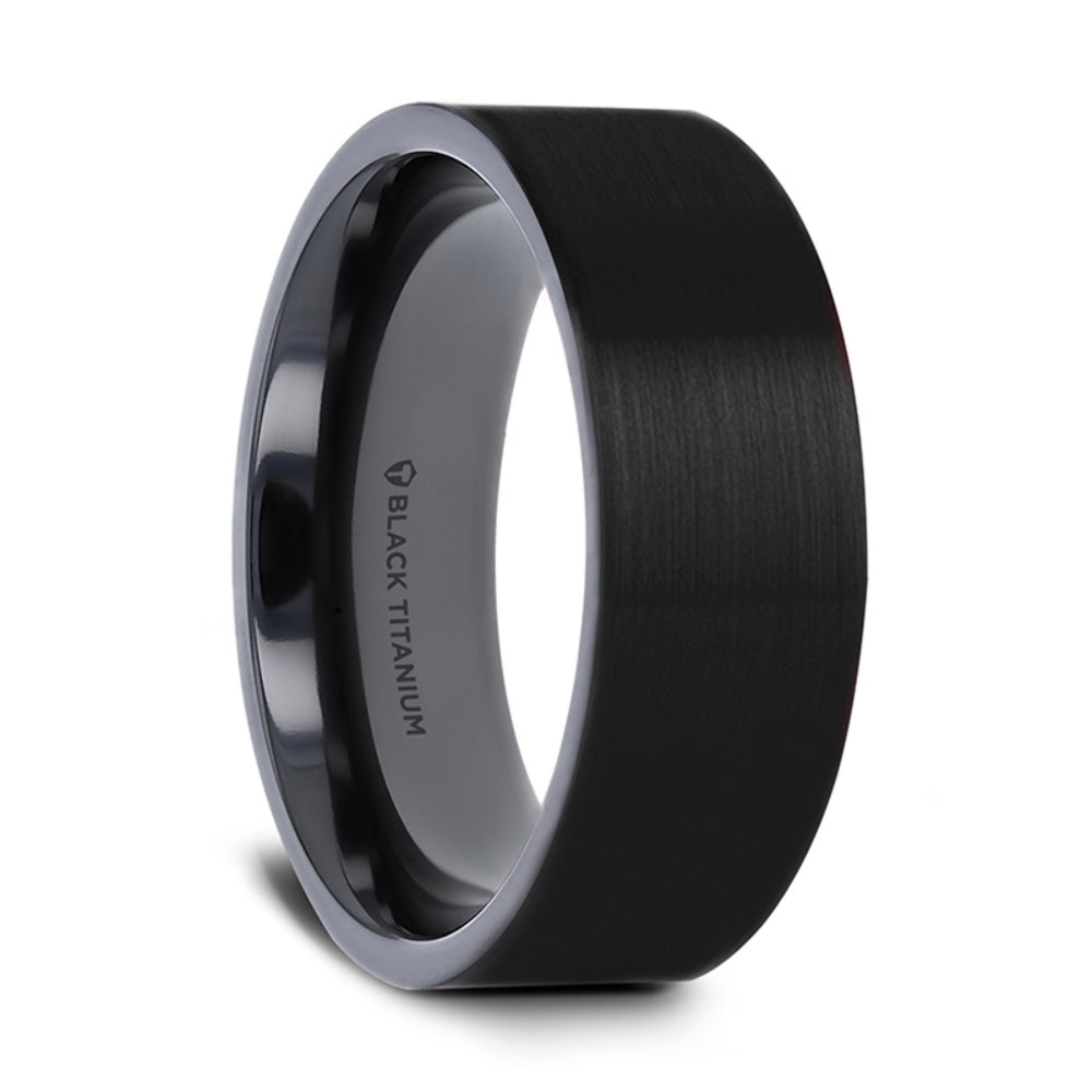Mens Black Titanium Flat Wedding Ring - Brushed Comfort Fit - 6mm 8mm Wide - Style name: SAN BERNARDINO