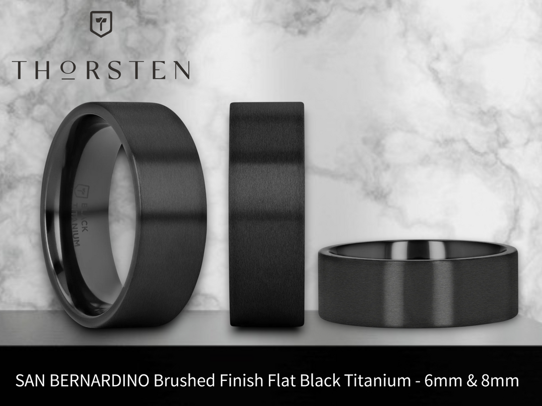 Mens Black Titanium Flat Wedding Ring - Brushed Comfort Fit - 6mm 8mm Wide - Style name: SAN BERNARDINO