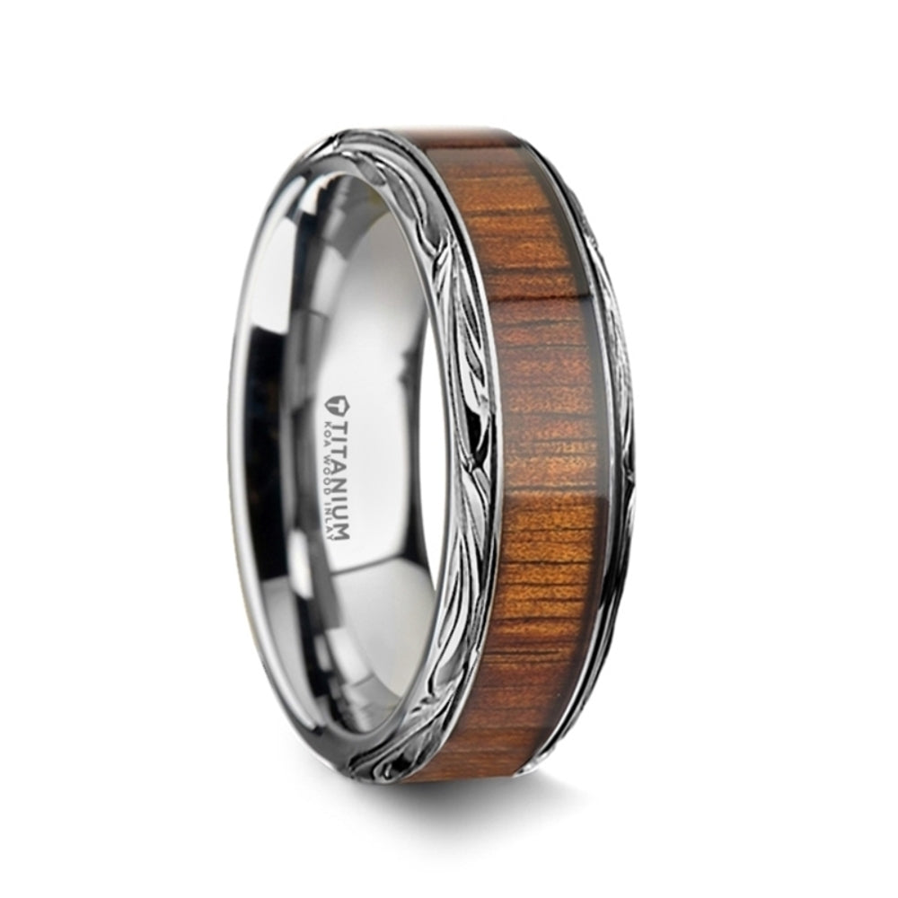 Mens Titanium Koa Wood Inlaid Wedding Ring - Intricate Edged Comfort Fit - 6mm 8mm 10mm Wide - Style name: OHANA