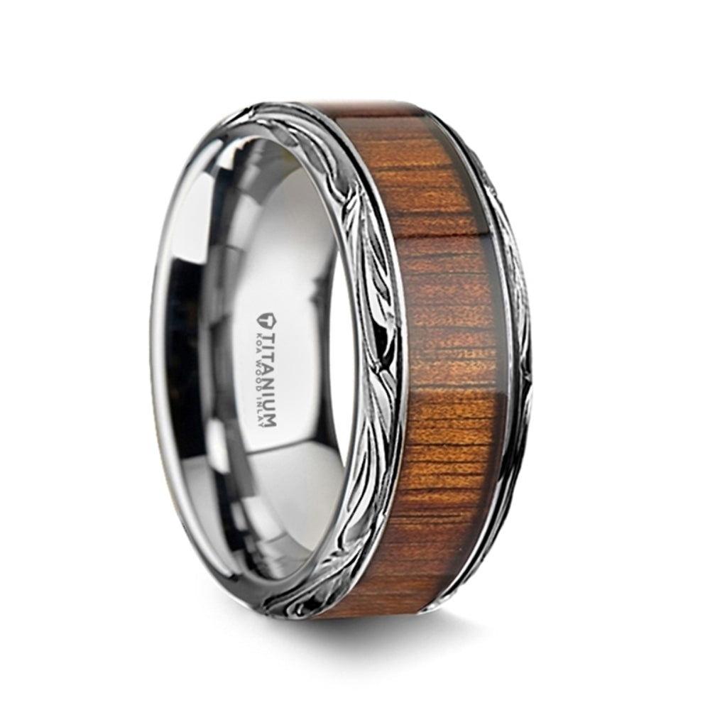 Mens Titanium Koa Wood Inlaid Wedding Ring - Intricate Edged Comfort Fit - 6mm 8mm 10mm Wide - Style name: OHANA