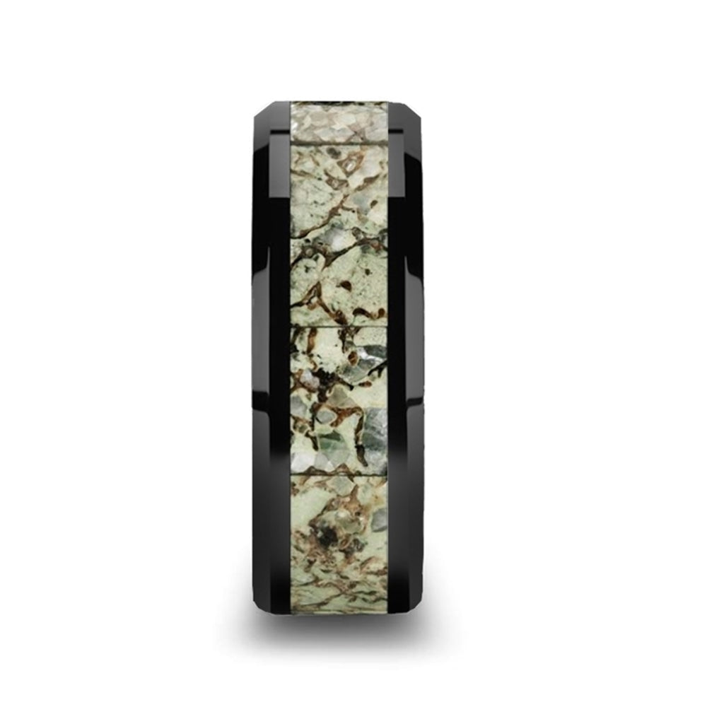 Mens Black Ceramic Light Green Dinosaur Bone Inlaid Wedding Ring - Polished Beveled Edge Comfort Fit - 8mm Wide - Style name: DROGON