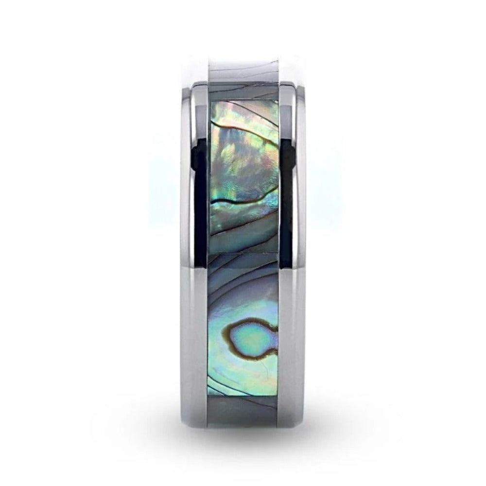 Mens Titanium Mother Of Pearl Inlaid Wedding Ring - Polished Beveled Comfort Fit - 6mm 8mm Wide - Style name: KAUI