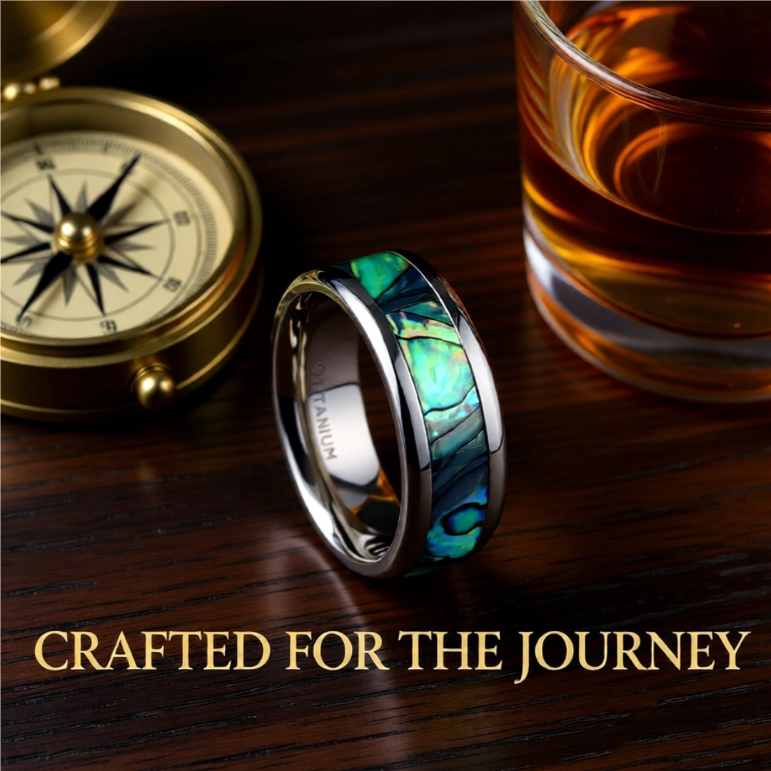 Mens Titanium Mother Of Pearl Inlaid Wedding Ring - Polished Beveled Comfort Fit - 6mm 8mm Wide - Style name: KAUI
