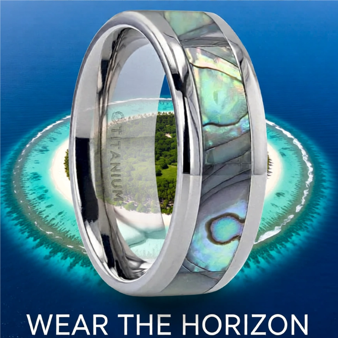 Mens Titanium Mother Of Pearl Inlaid Wedding Ring - Polished Beveled Comfort Fit - 6mm 8mm Wide - Style name: KAUI