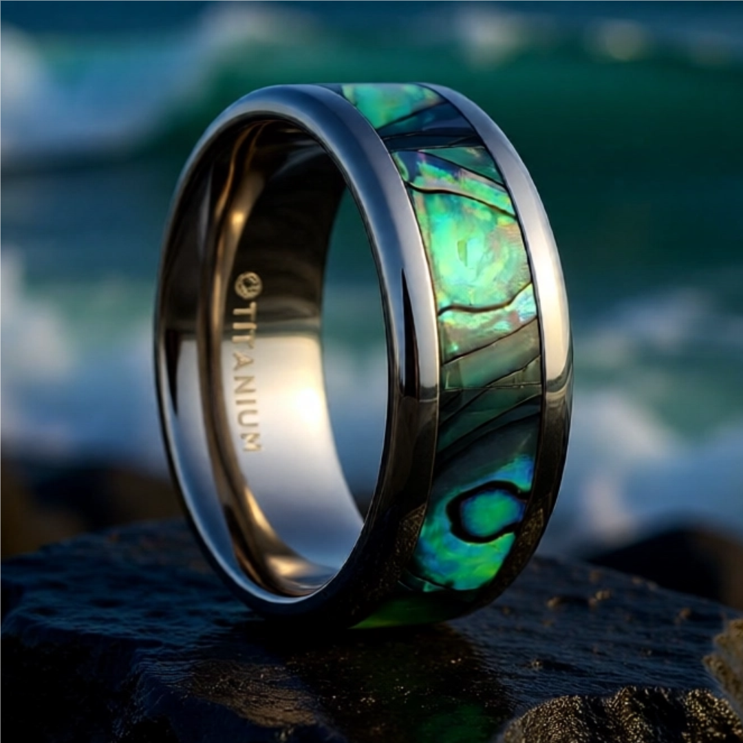 Mens Titanium Mother Of Pearl Inlaid Wedding Ring - Polished Beveled Comfort Fit - 6mm 8mm Wide - Style name: KAUI
