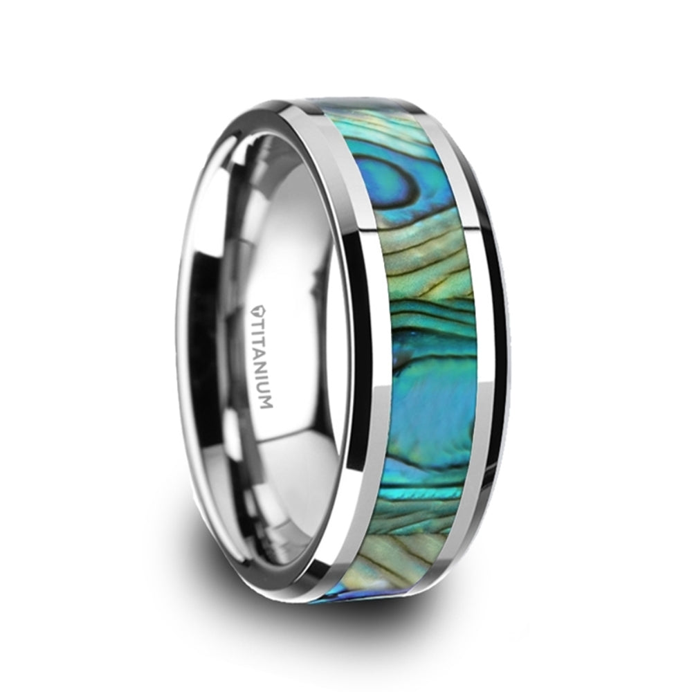 Mens Titanium Mother Of Pearl Inlaid Wedding Ring - Polished Beveled Comfort Fit - 6mm 8mm Wide - Style name: KAUI