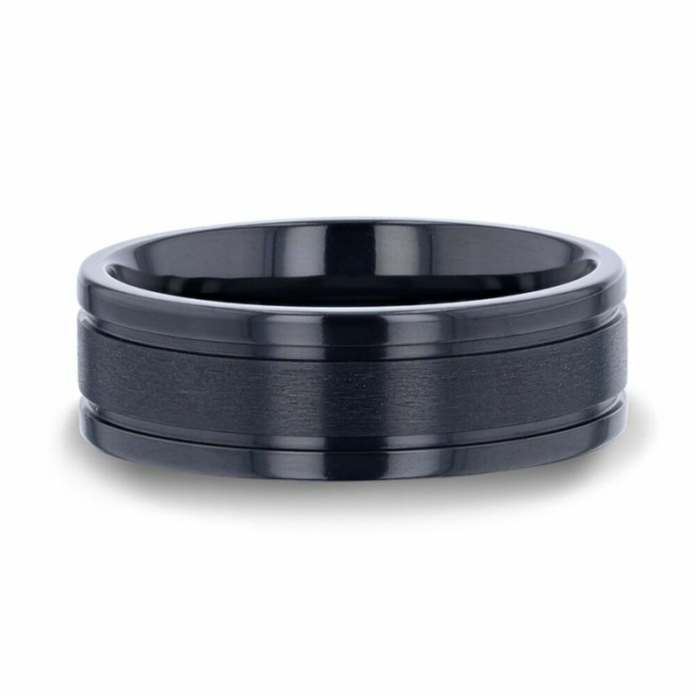 Mens Titanium Raised Horizontal Etch Diagon-Shaped Cuts Centered Wedding Ring - Polished Step Edges Comfort Fit - 8mm Wide - Style name: VIRAGE