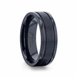 Load image into Gallery viewer, Mens Titanium Raised Horizontal Etch Diagon-Shaped Cuts Centered Wedding Ring - Polished Step Edges Comfort Fit - 8mm Wide - Style name: VIRAGE
