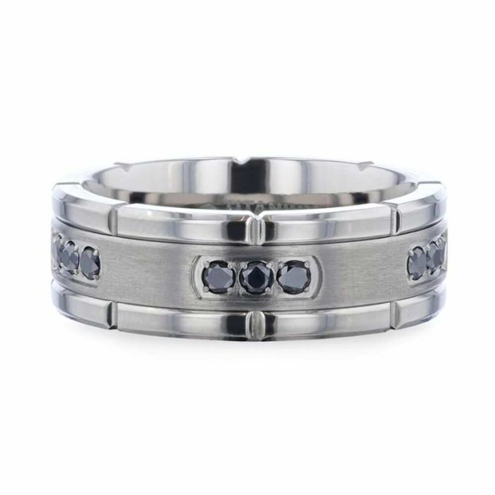Mens Titanium Double Grooved Polished Edges Black Diamond Settings Wedding Ring - Brushed Comfort Fit - 8mm Wide - Style name: COURAGEOUS