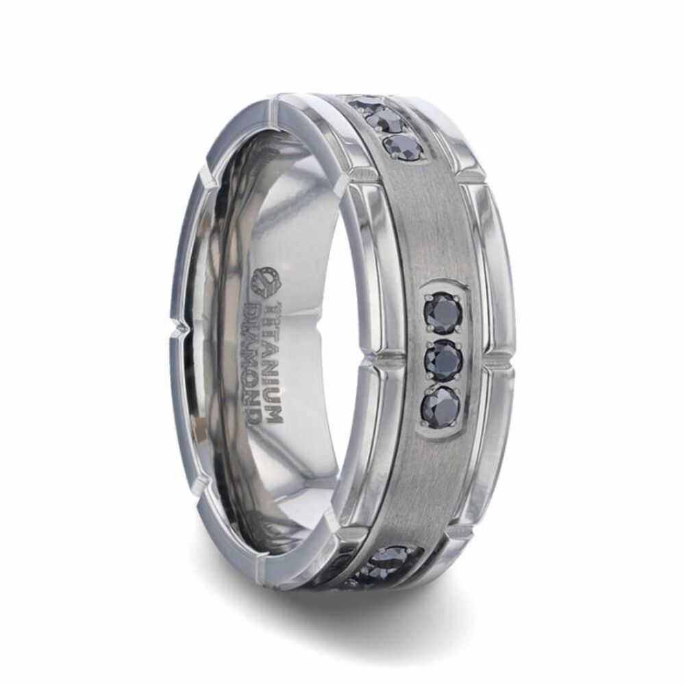 Mens Titanium Double Grooved Polished Edges Black Diamond Settings Wedding Ring - Brushed Comfort Fit - 8mm Wide - Style name: COURAGEOUS