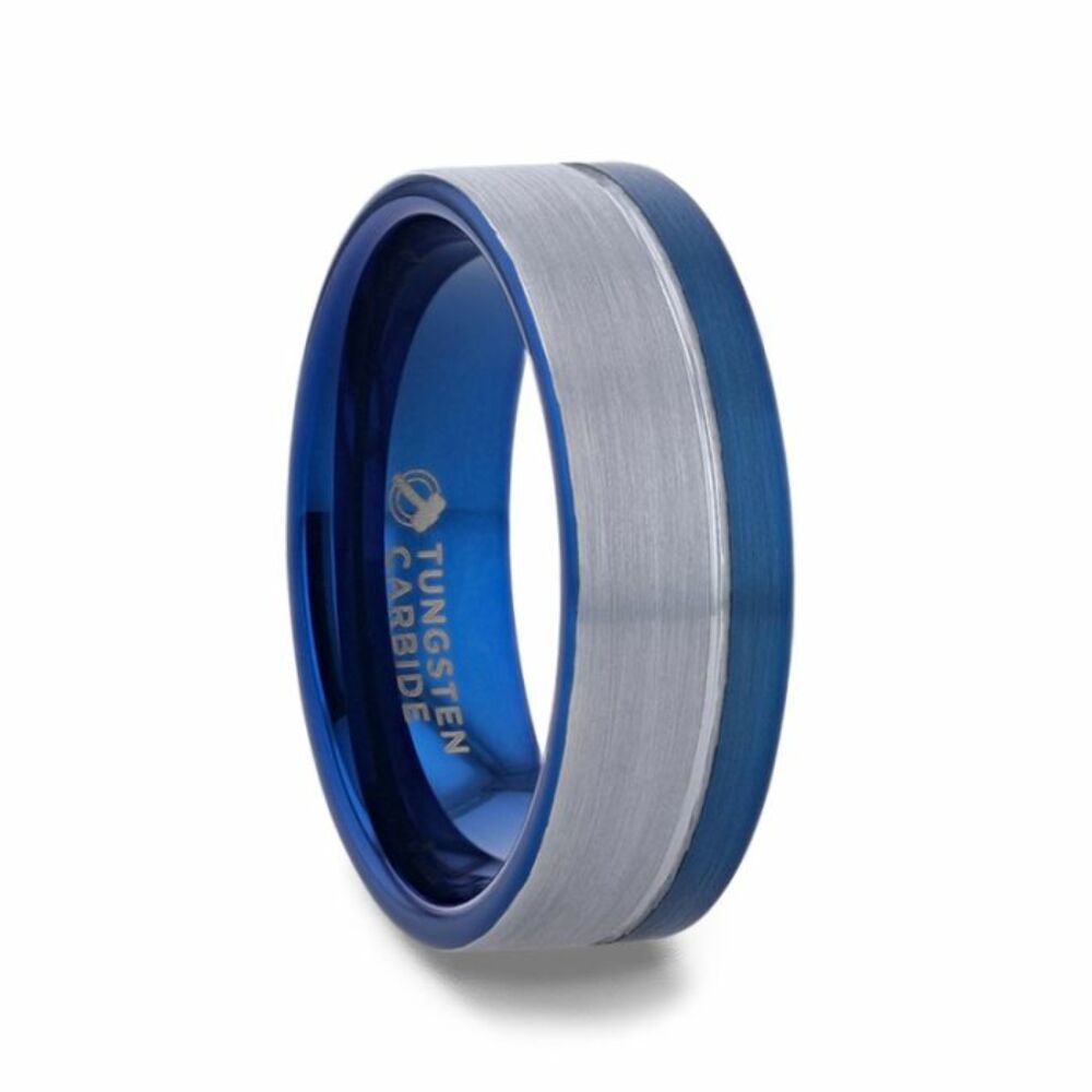 Mens Tungsten Carbide Duo Color Blue Ion Plating Inside Wedding Ring - Brushed Comfort Fit - 8mm Wide - Style name: ATLANTIC