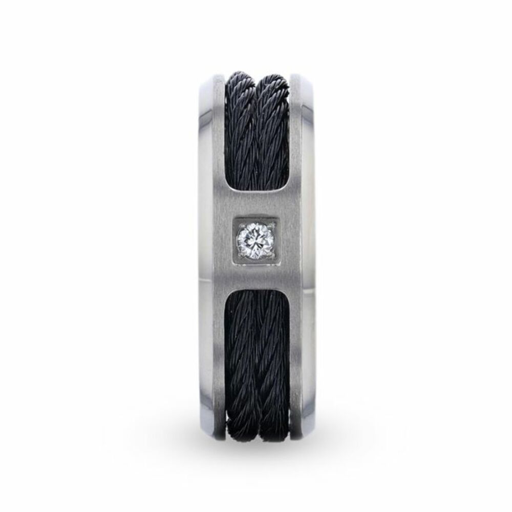Mens Titanium Diamond Centered Black Rope Cables Inlaid Brushed Finish Wedding Ring - Beveled Polished Comfort Fit - 8mm Wide - Style name: SECTOR