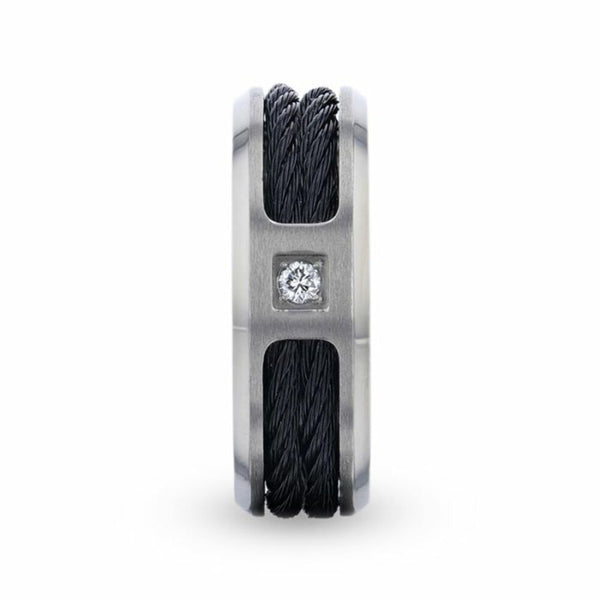 Mens Titanium Diamond Centered Black Rope Cables Inlaid Brushed Finish Wedding Ring - Beveled Polished Comfort Fit - 8mm Wide - Style name: SECTOR