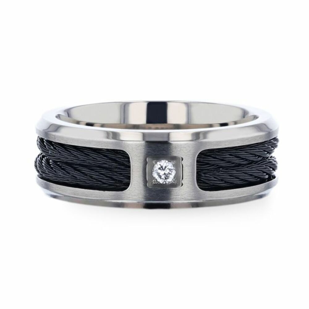 Mens Titanium Diamond Centered Black Rope Cables Inlaid Brushed Finish Wedding Ring - Beveled Polished Comfort Fit - 8mm Wide - Style name: SECTOR
