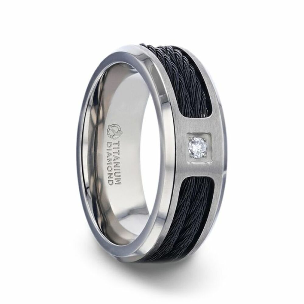 Mens Titanium Diamond Centered Black Rope Cables Inlaid Brushed Finish Wedding Ring - Beveled Polished Comfort Fit - 8mm Wide - Style name: SECTOR