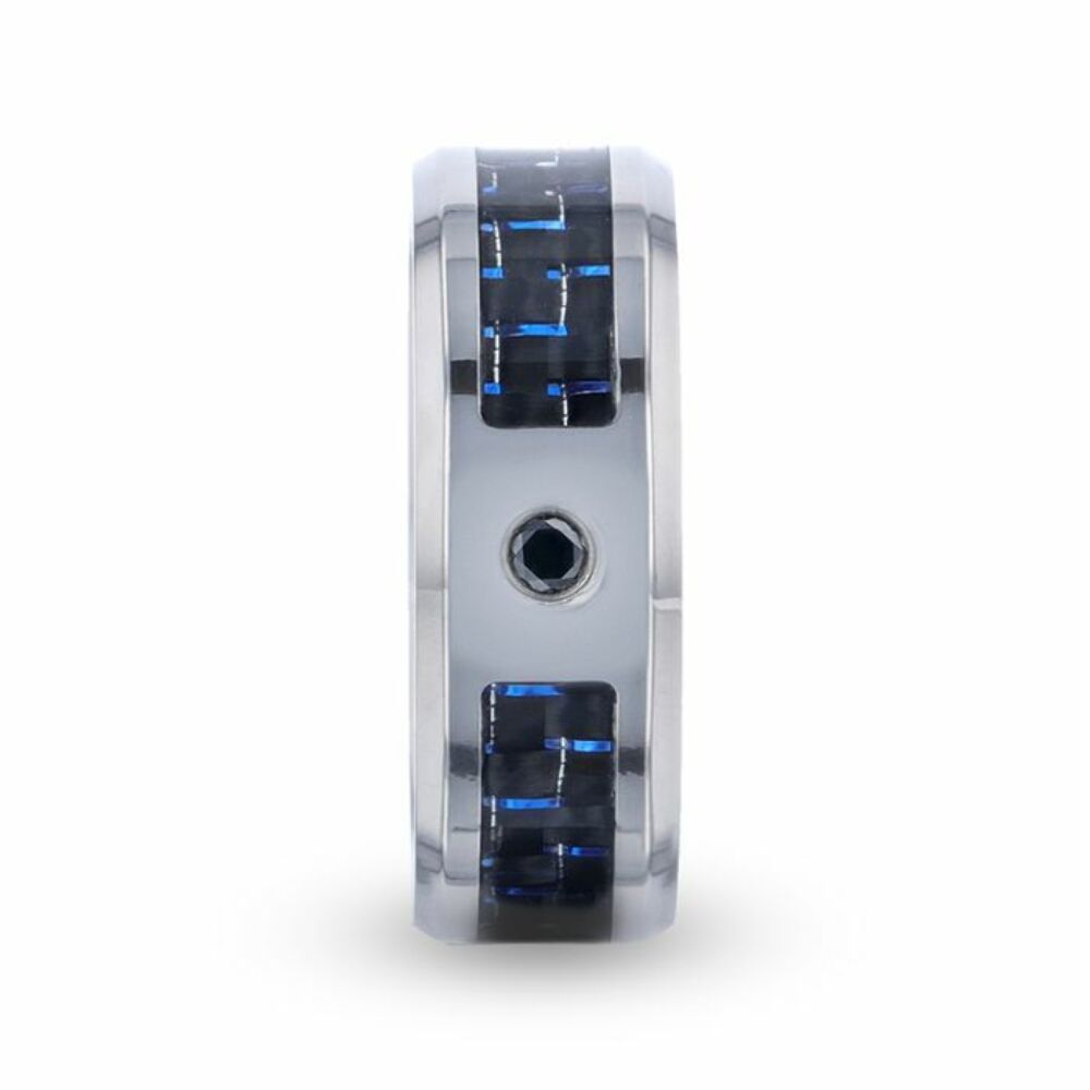Mens Titanium Black & Blue Carbon Fiber Inlaid Black Sapphire Center Stone Wedding Ring - Beveled Polished Comfort Fit - 8mm Wide - Style name: PACIFIC