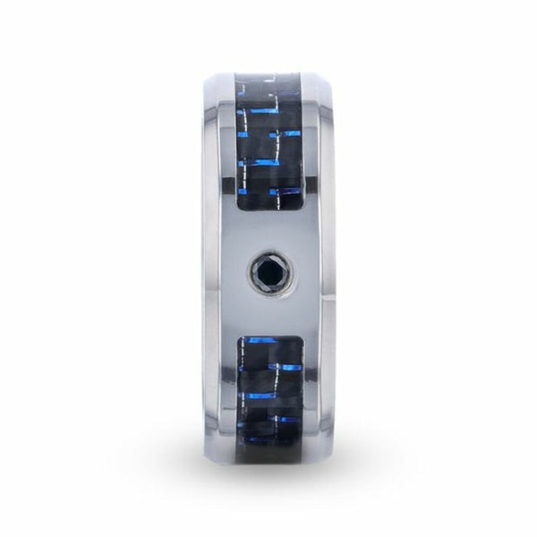 Mens Titanium Black & Blue Carbon Fiber Inlaid Black Sapphire Center Stone Wedding Ring - Beveled Polished Comfort Fit - 8mm Wide - Style name: PACIFIC