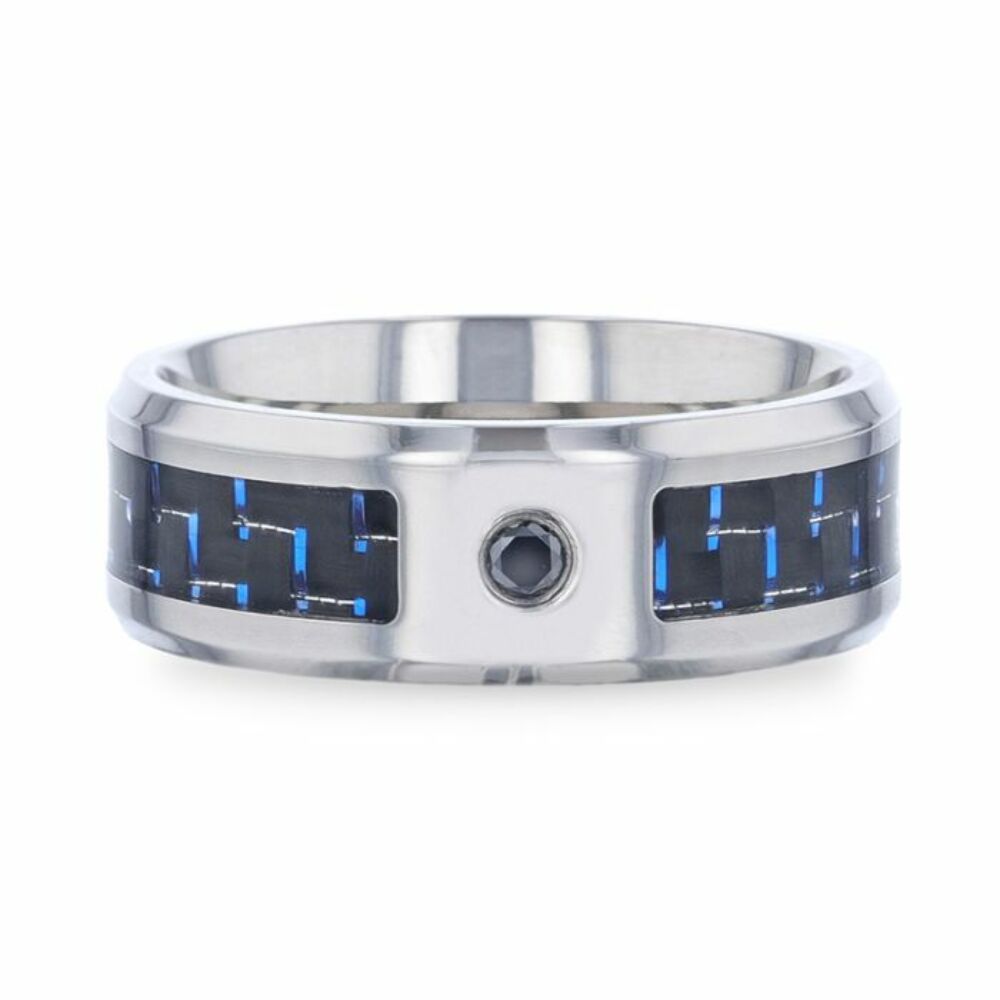 Mens Titanium Black & Blue Carbon Fiber Inlaid Black Sapphire Center Stone Wedding Ring - Beveled Polished Comfort Fit - 8mm Wide - Style name: PACIFIC