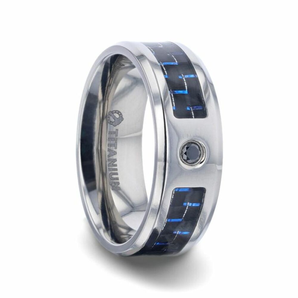 Mens Titanium Black & Blue Carbon Fiber Inlaid Black Sapphire Center Stone Wedding Ring - Beveled Polished Comfort Fit - 8mm Wide - Style name: PACIFIC