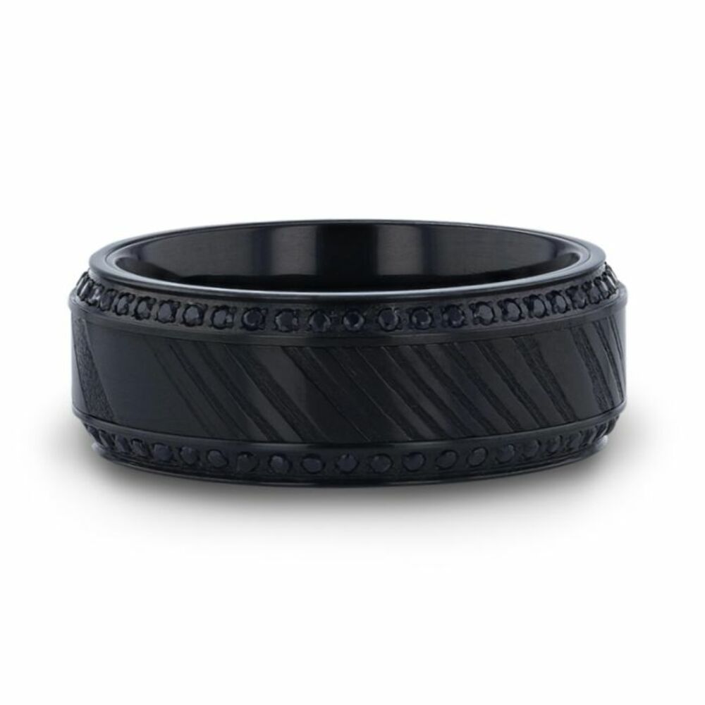 Mens Polished Black Titanium Black Damascus Steel Inlaid Black Sapphire Beveled Edges Wedding Ring - 8mm Wide - Style name: TROPHY
