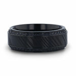 Load image into Gallery viewer, Mens Polished Black Titanium Black Damascus Steel Inlaid Black Sapphire Beveled Edges Wedding Ring - 8mm Wide - Style name: TROPHY
