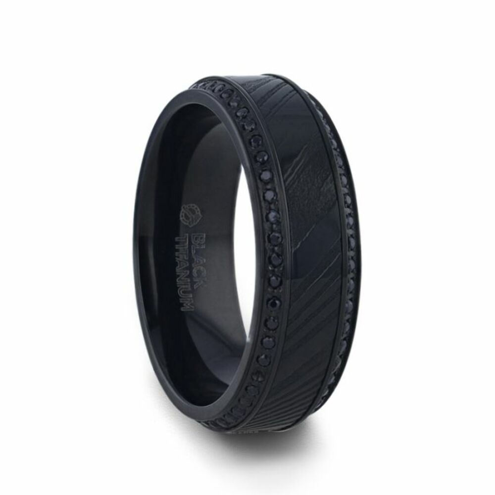 Mens Polished Black Titanium Black Damascus Steel Inlaid Black Sapphire Beveled Edges Wedding Ring - 8mm Wide - Style name: TROPHY