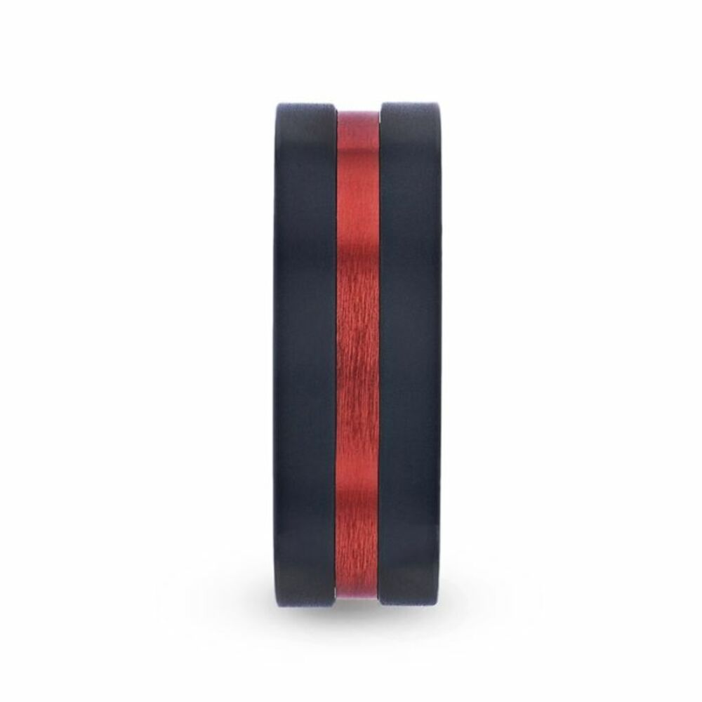 Mens Titanium Red Aluminum Groove Brushed Center Wedding Ring - Flat Brushed Comfort Fit - 8mm Wide - Style name: BLAZE