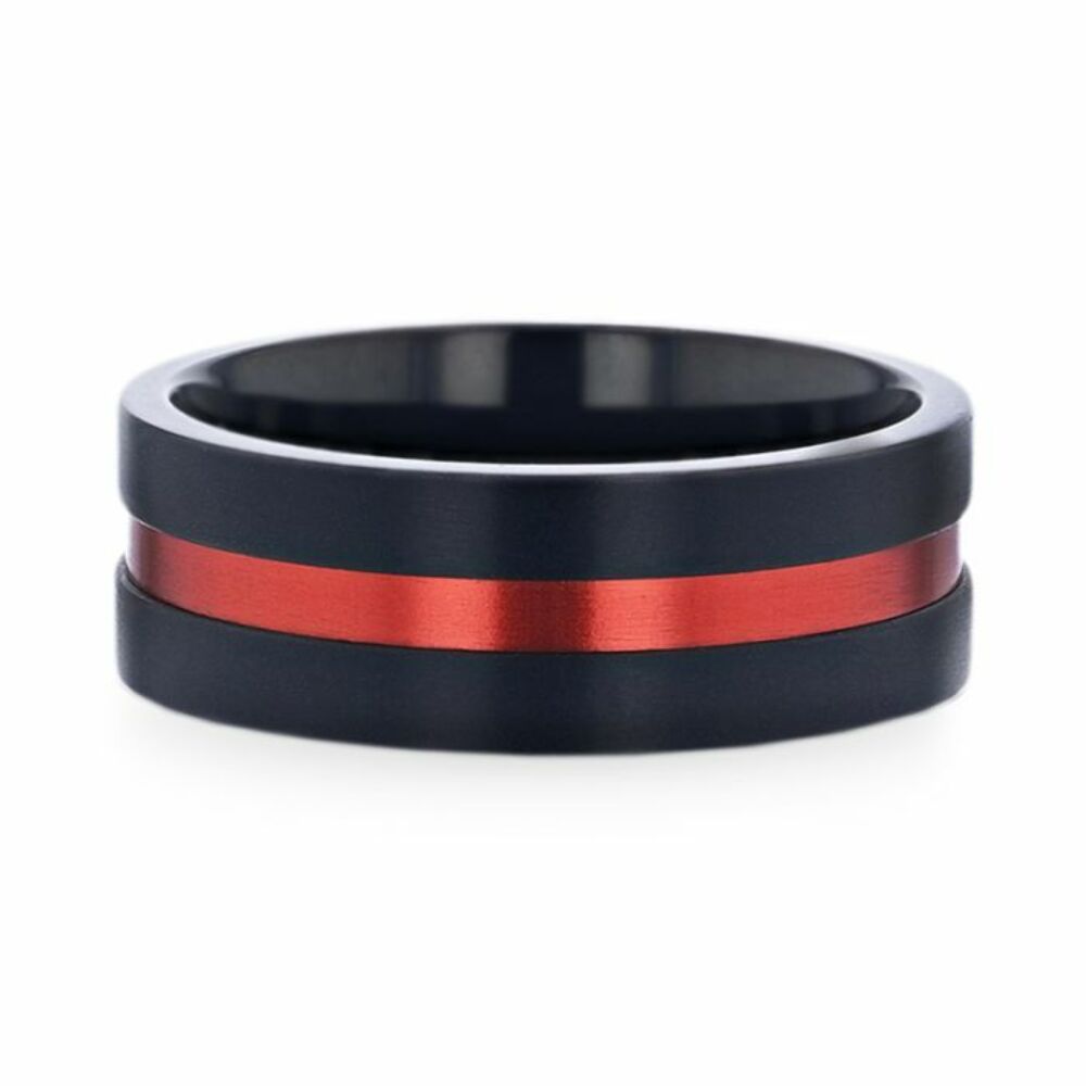Mens Titanium Red Aluminum Groove Brushed Center Wedding Ring - Flat Brushed Comfort Fit - 8mm Wide - Style name: BLAZE