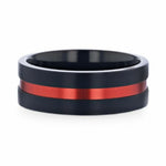 Load image into Gallery viewer, Mens Titanium Red Aluminum Groove Brushed Center Wedding Ring - Flat Brushed Comfort Fit - 8mm Wide - Style name: BLAZE

