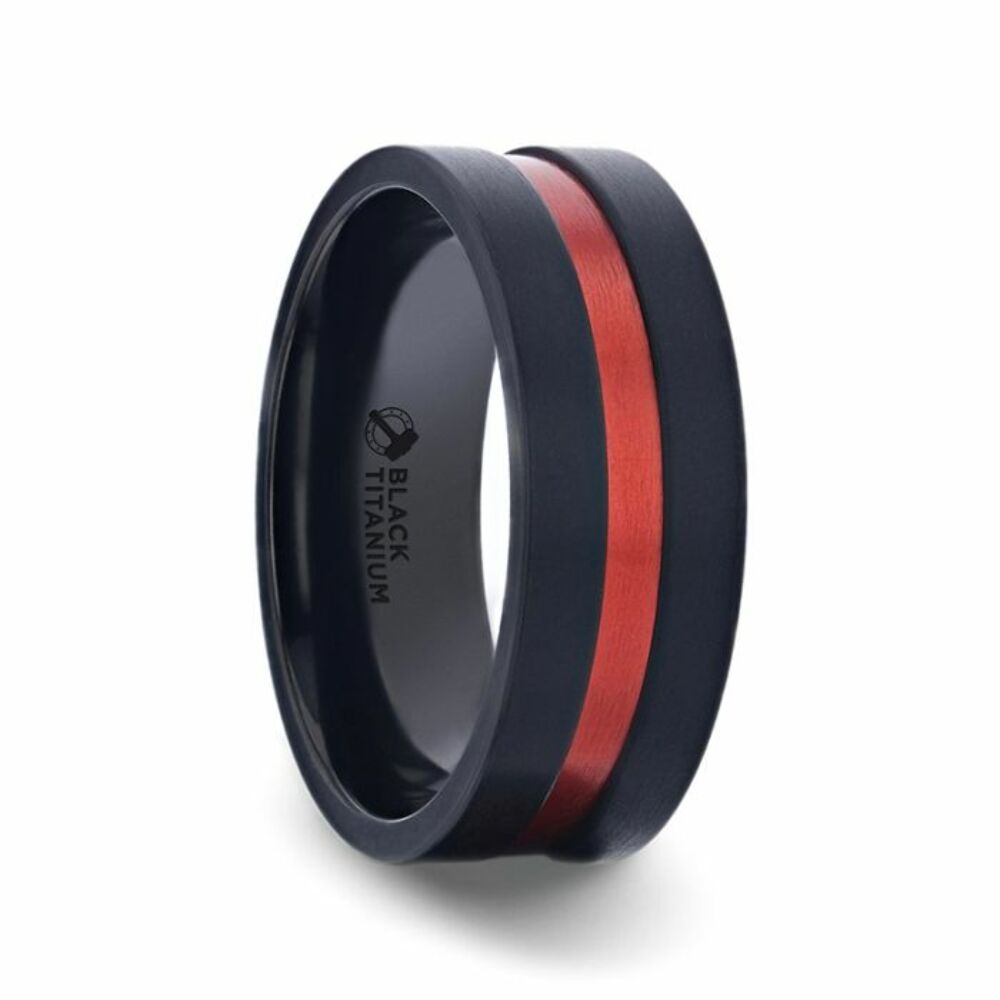 Mens Titanium Red Aluminum Groove Brushed Center Wedding Ring - Flat Brushed Comfort Fit - 8mm Wide - Style name: BLAZE
