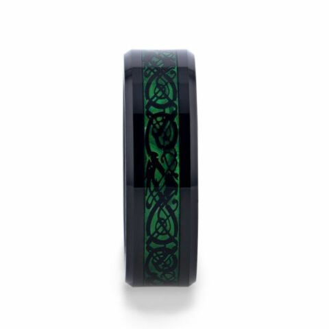 Mens Black Tungsten Green Background Inlaid Black Dragon Design Wedding Ring - Beveled Comfort Fit - 8mm Wide - Style name: ALLURE