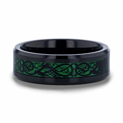 Mens Black Tungsten Green Background Inlaid Black Dragon Design Wedding Ring - Beveled Comfort Fit - 8mm Wide - Style name: ALLURE